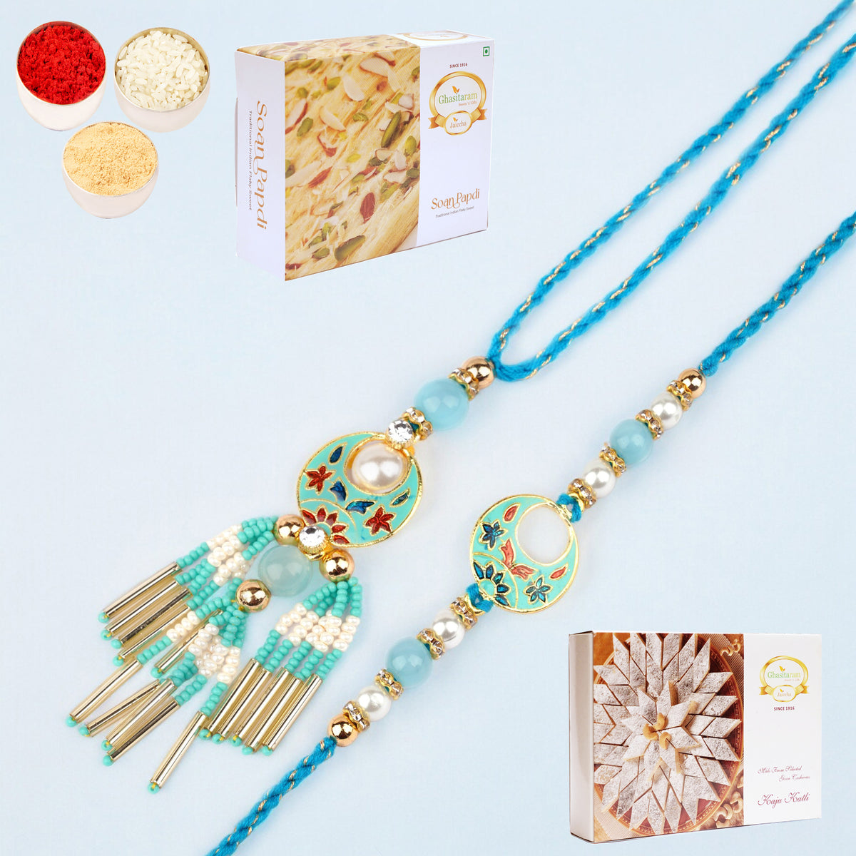 Rakhis Online- RM-211 Bhaiya Bhabhi rakhi with 200 gms of Kaju katli and 200 gms of Soan Papdi