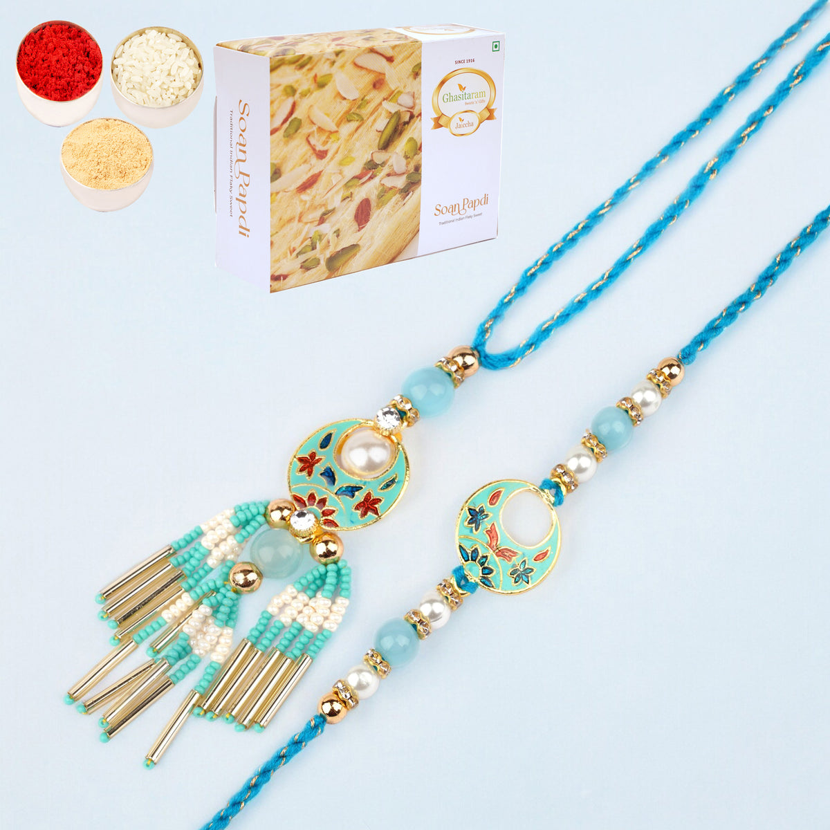 Rakhis Online Australia-  RM-211 Bhaiya Bhabhi rakhi with 200 gms Soan Papdi