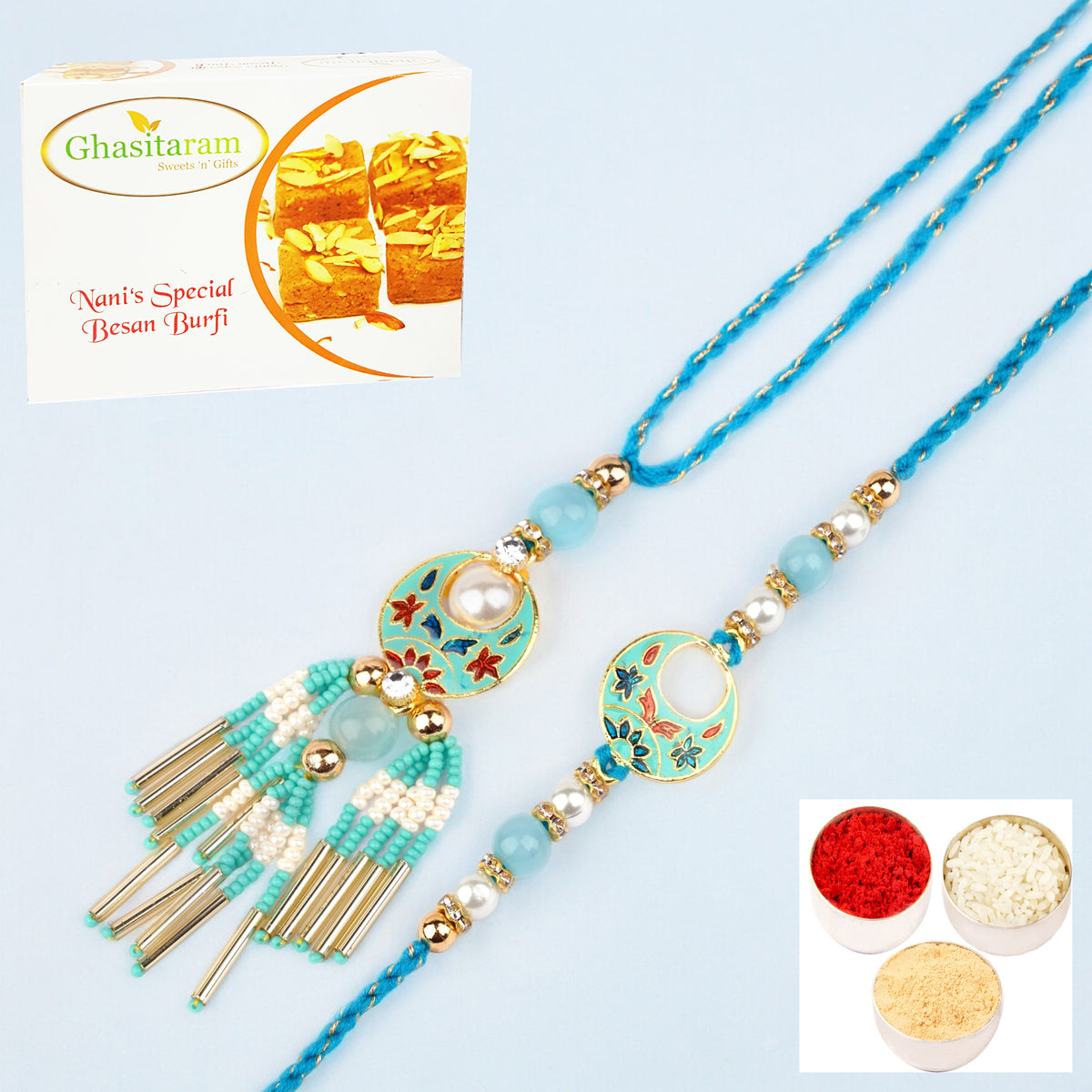 Rakhis Online Australia-  RM-211 Bhaiya Bhabhi rakhi with 200 gms Besan Barfi