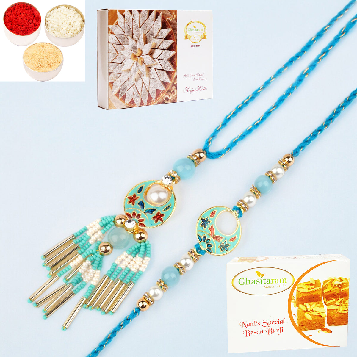 Rakhis Online- RM-211 Bhaiya Bhabhi rakhi with 200 gms of Besan Barfi and 200 gms of Kaju Katli