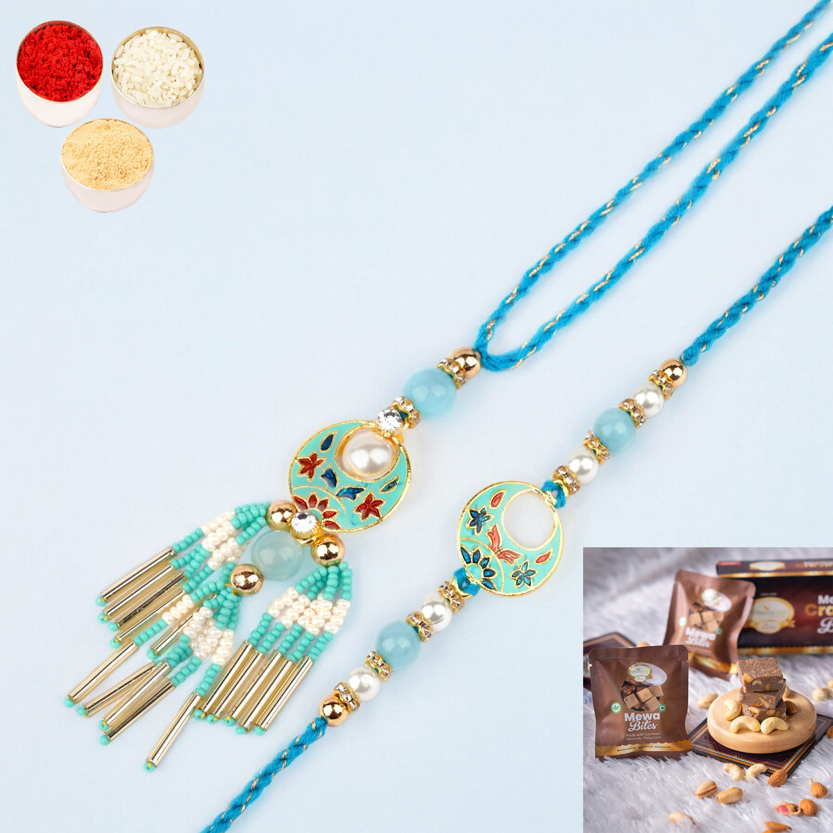Rakhis Online USA-  RM-211 Bhaiya Bhabhi rakhi with  Mewa Bites box