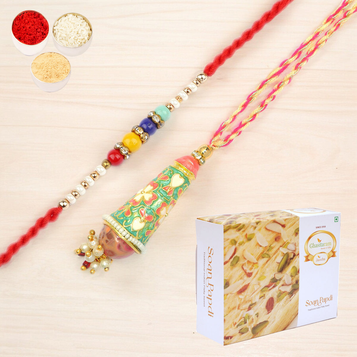  RM-213 Bhaiya Bhabhi rakhi with 400 gms of Soan Papdi