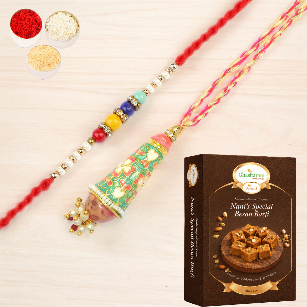  RM-213 Bhaiya Bhabhi rakhi with 400 gms of Besan Barfi