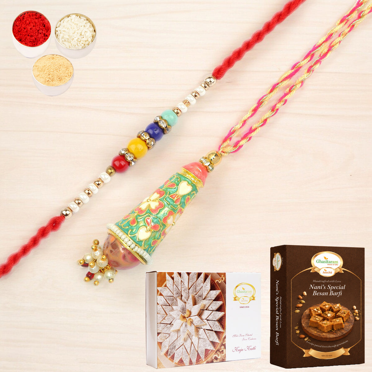  RM-213 Bhaiya Bhabhi rakhi with 200 gms of Besan Barfi and 200 gms of Kaju Katli