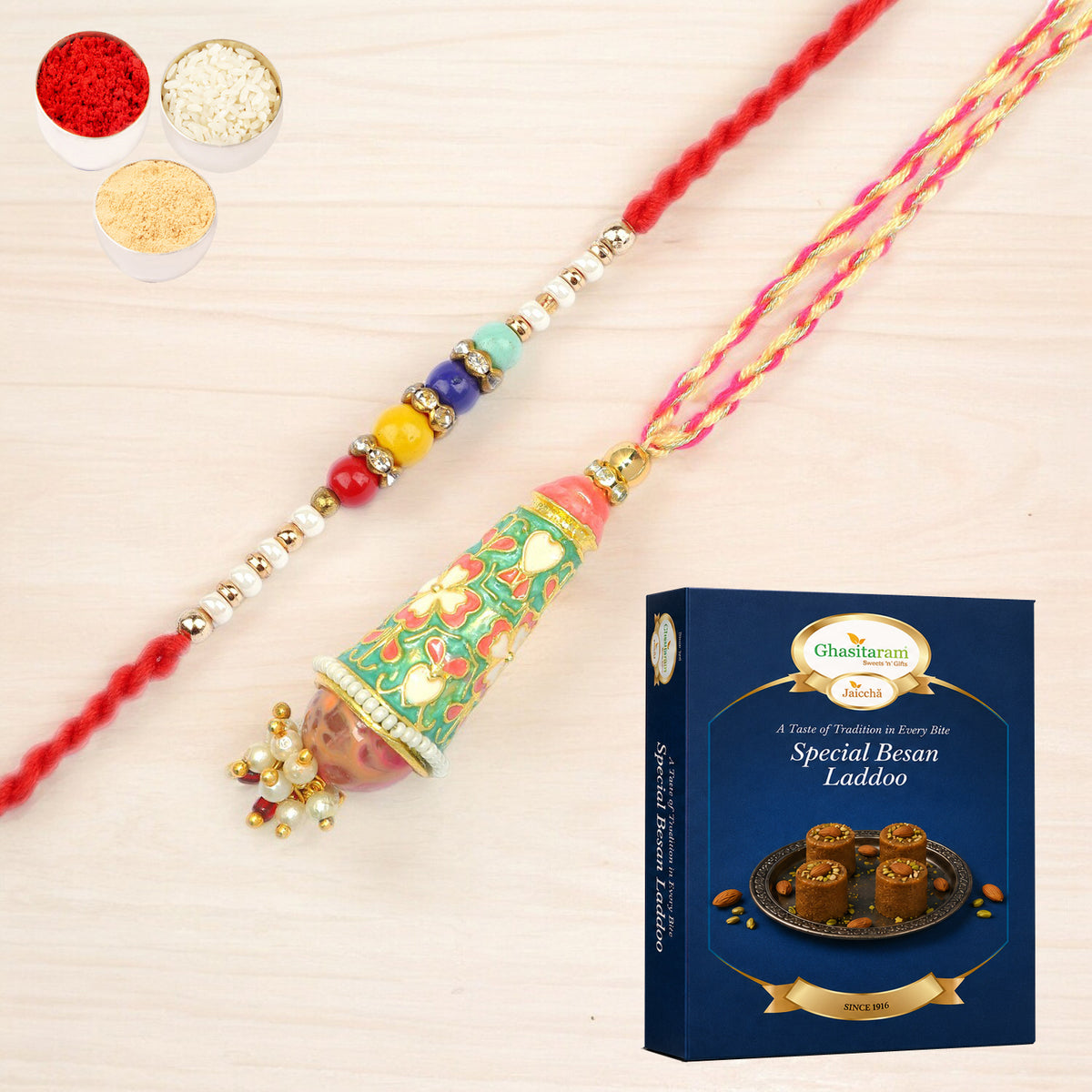  RM-213 Bhaiya Bhabhi rakhi with 200 gms of Besan Laddoo