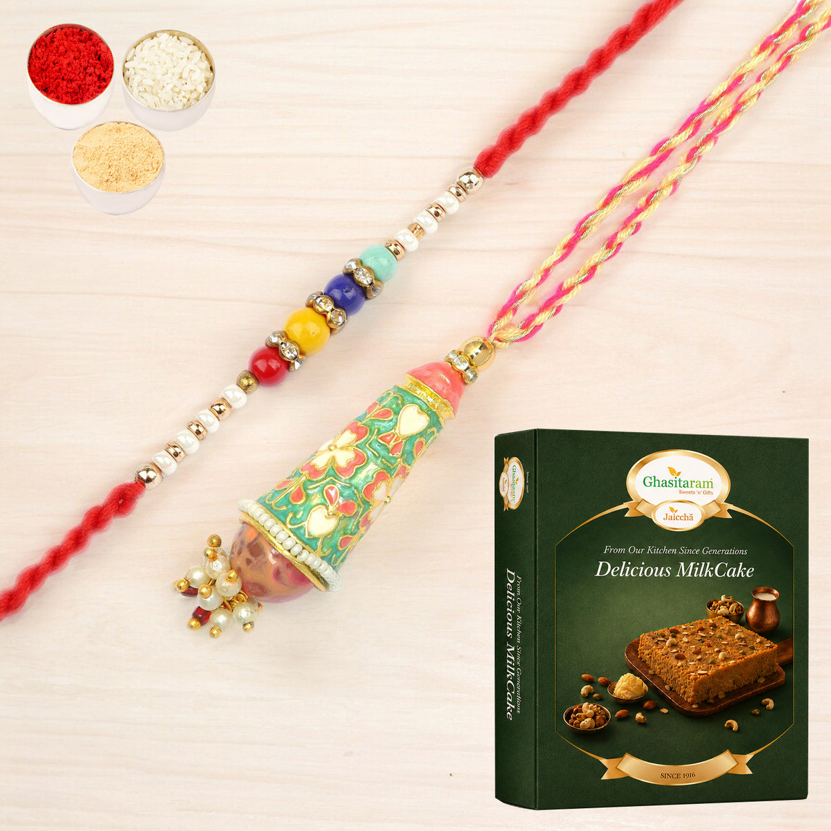  RM-213 Bhaiya Bhabhi rakhi with 200 gms of Milk Cake
