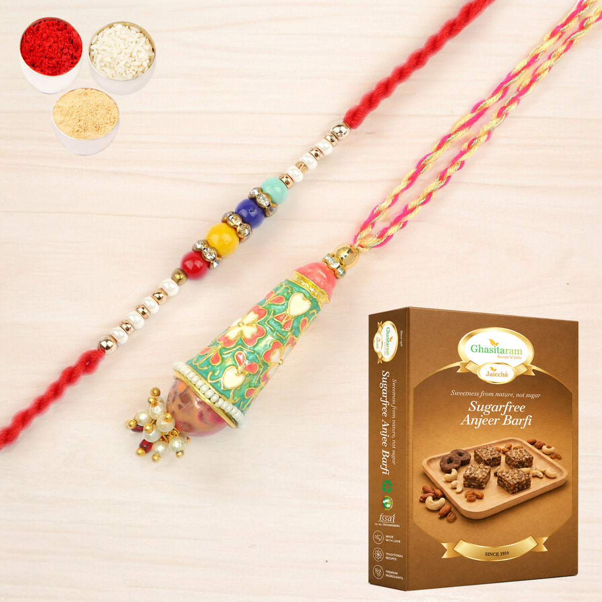  RM-213 Bhaiya Bhabhi rakhi with 200 gms of Sugarfree Anjeer Barfi