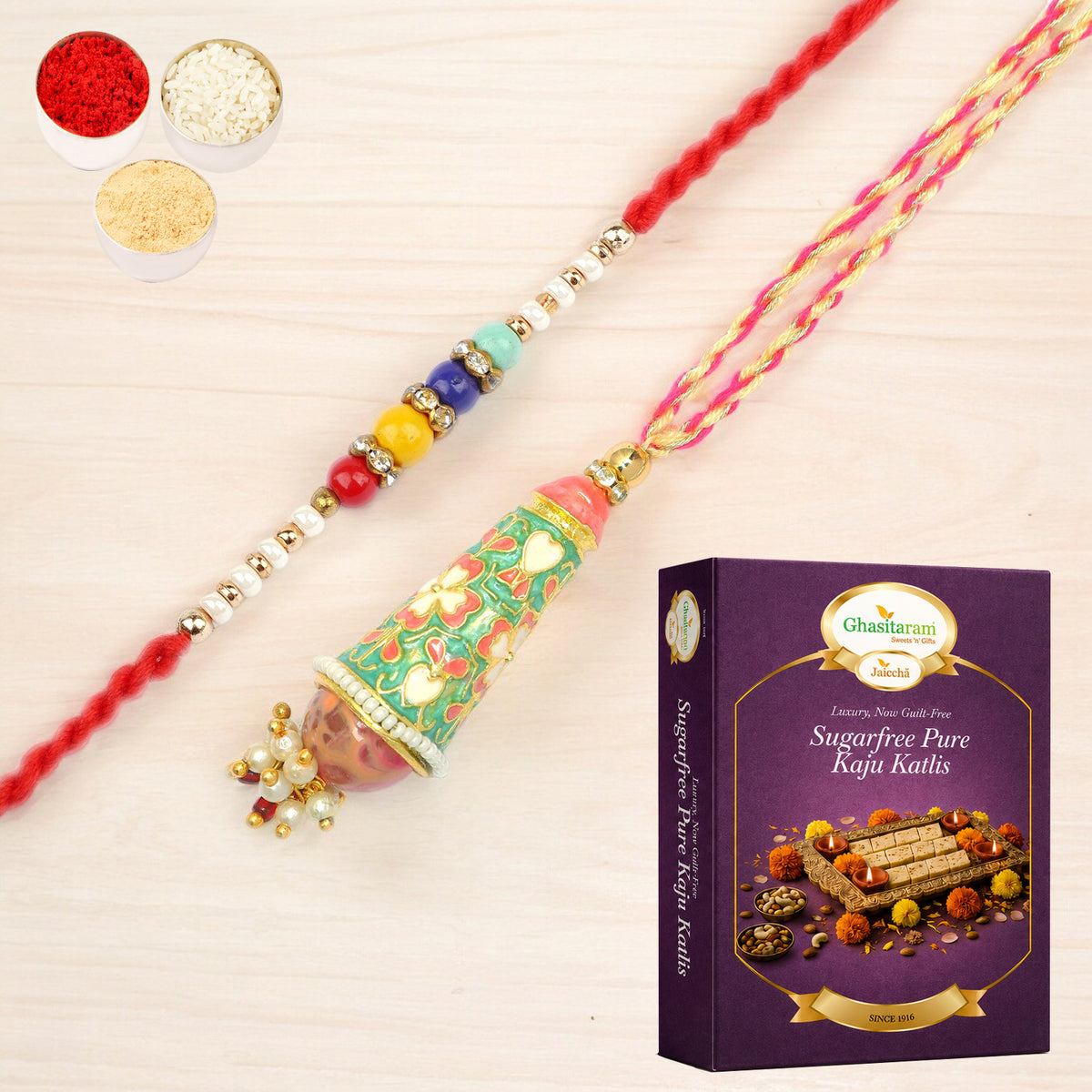  RM-213 Bhaiya Bhabhi rakhi with 200 gms of Sugarfree Kaju katli