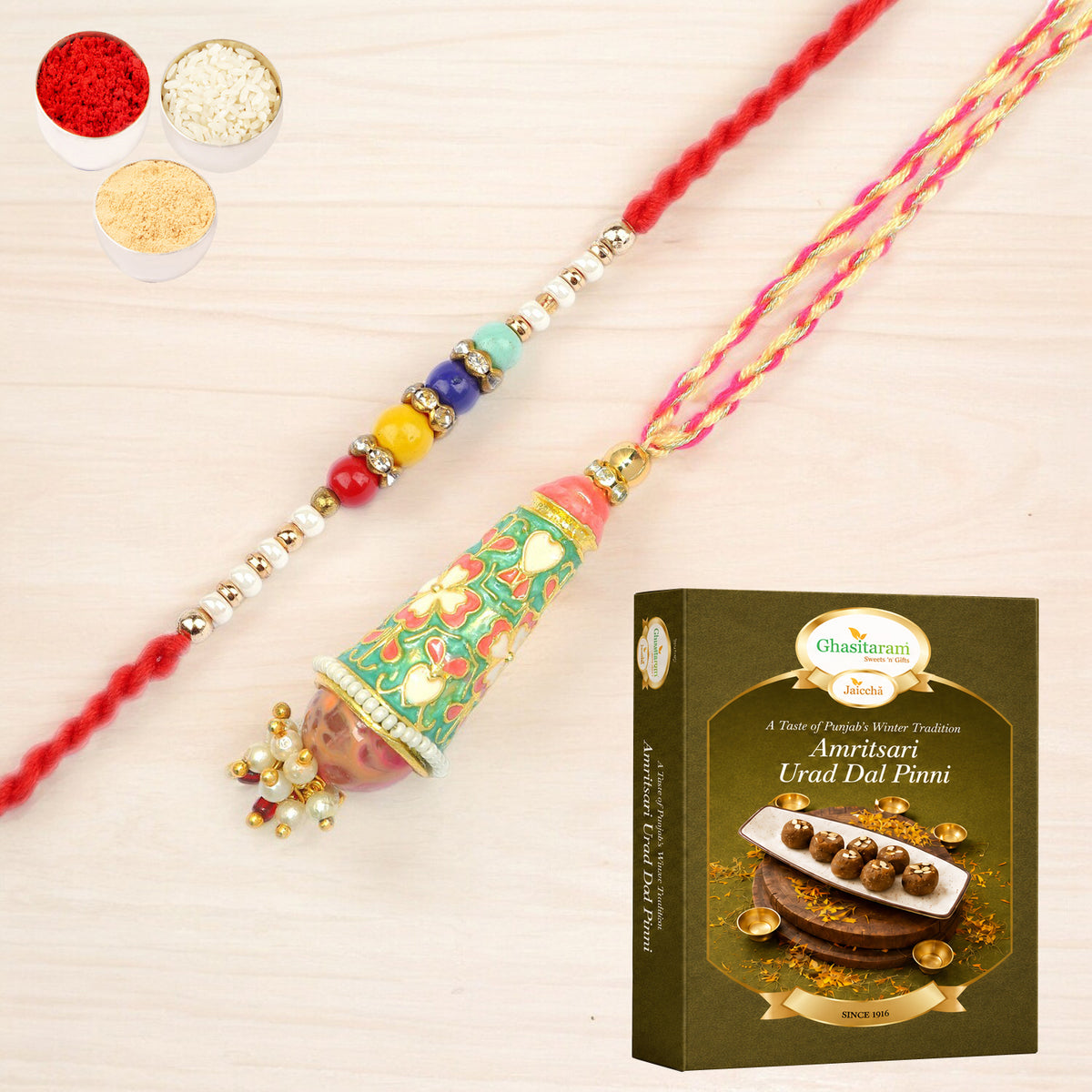 RM-213 Bhaiya Bhabhi rakhi with 200 gms of Pinni 