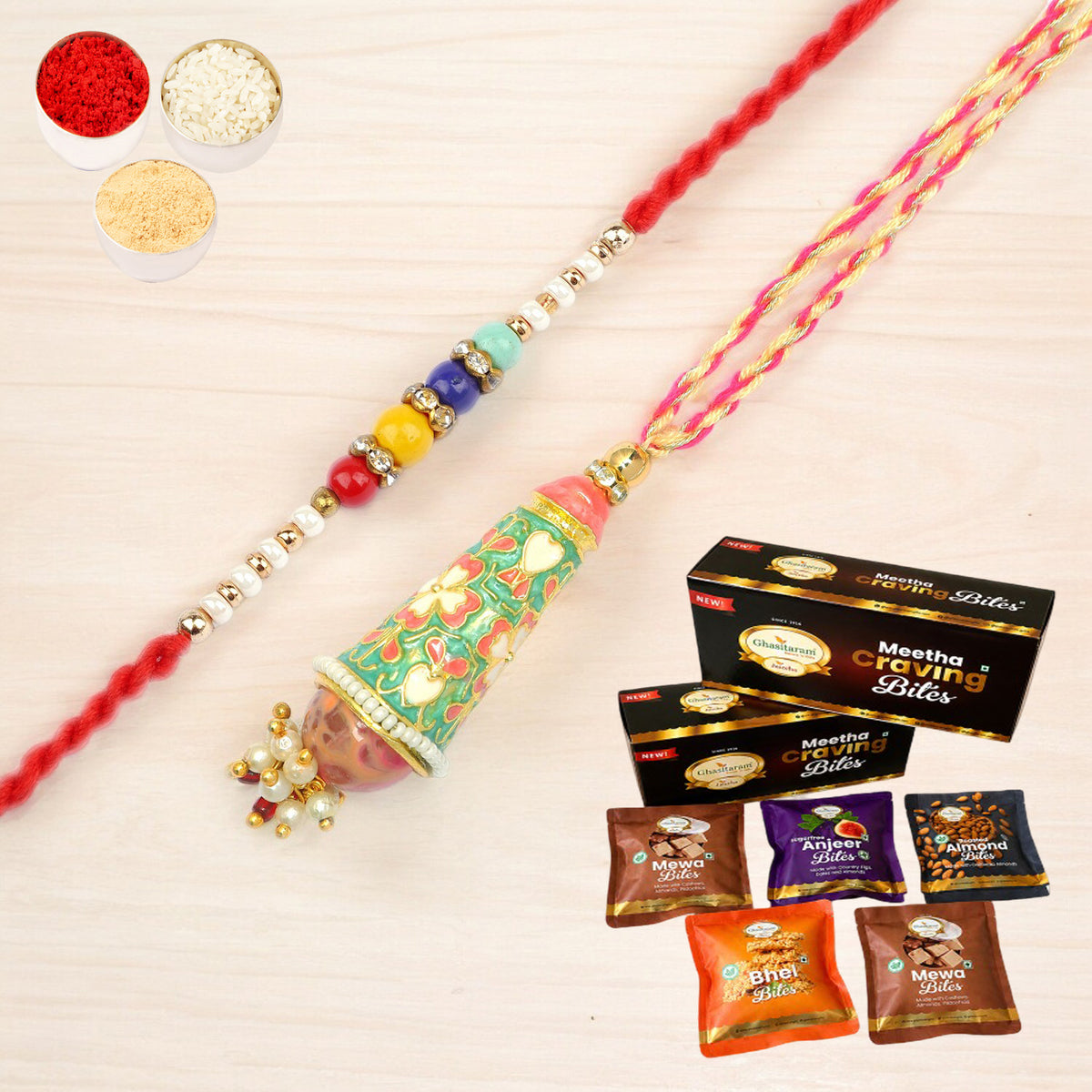  RM-213 Bhaiya Bhabhi rakhi with Asorted bites box
