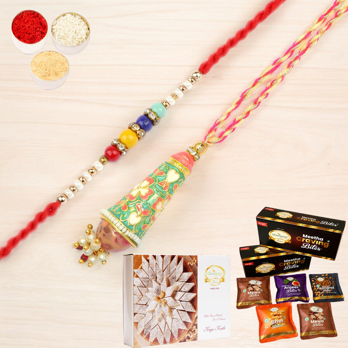  RM-213 Bhaiya Bhabhi rakhi with Asorted bites box and 200 gms of Kaju katli