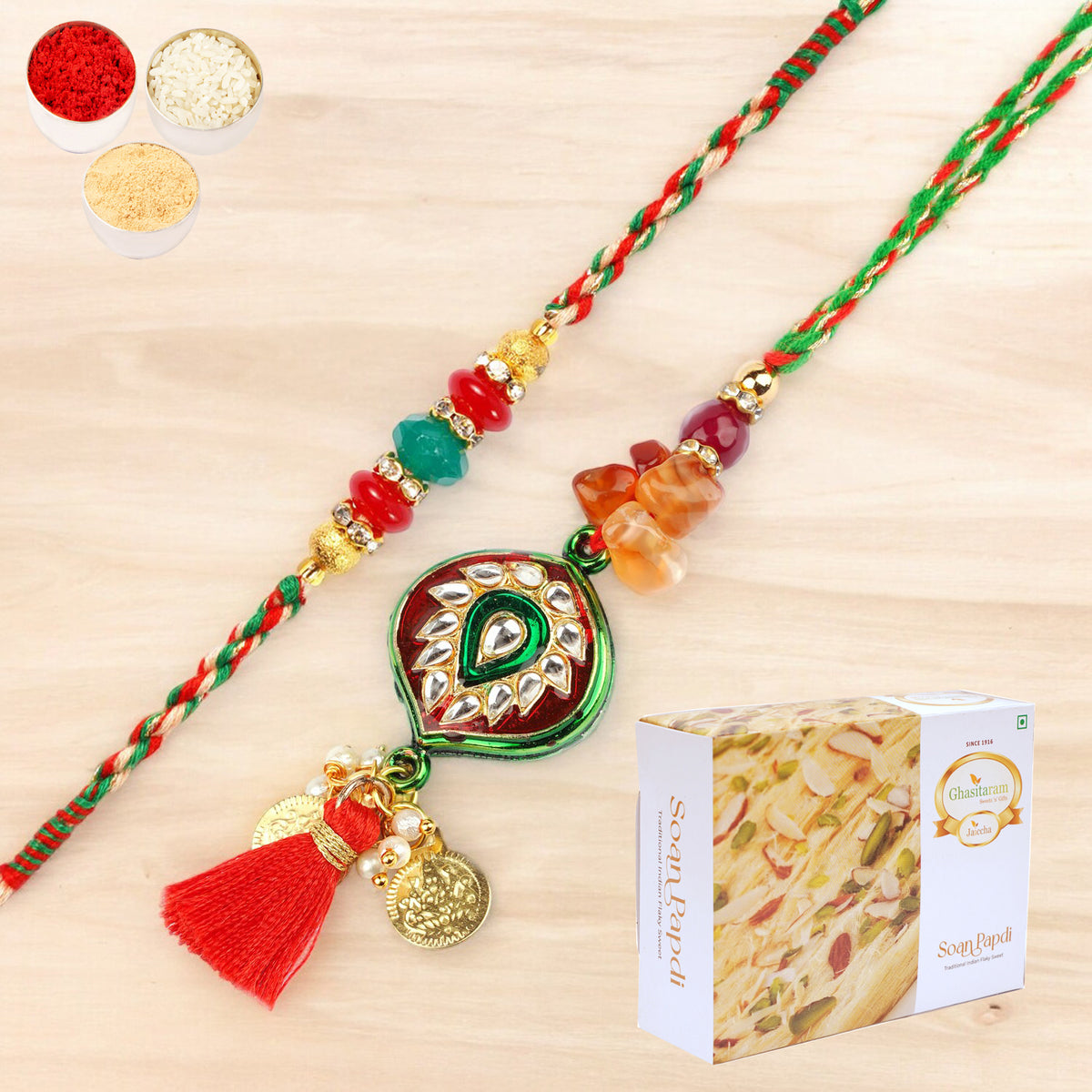 Rakhis Online Australia-  RM-217 Bhaiya Bhabhi rakhi with 200 gms Soan Papdi