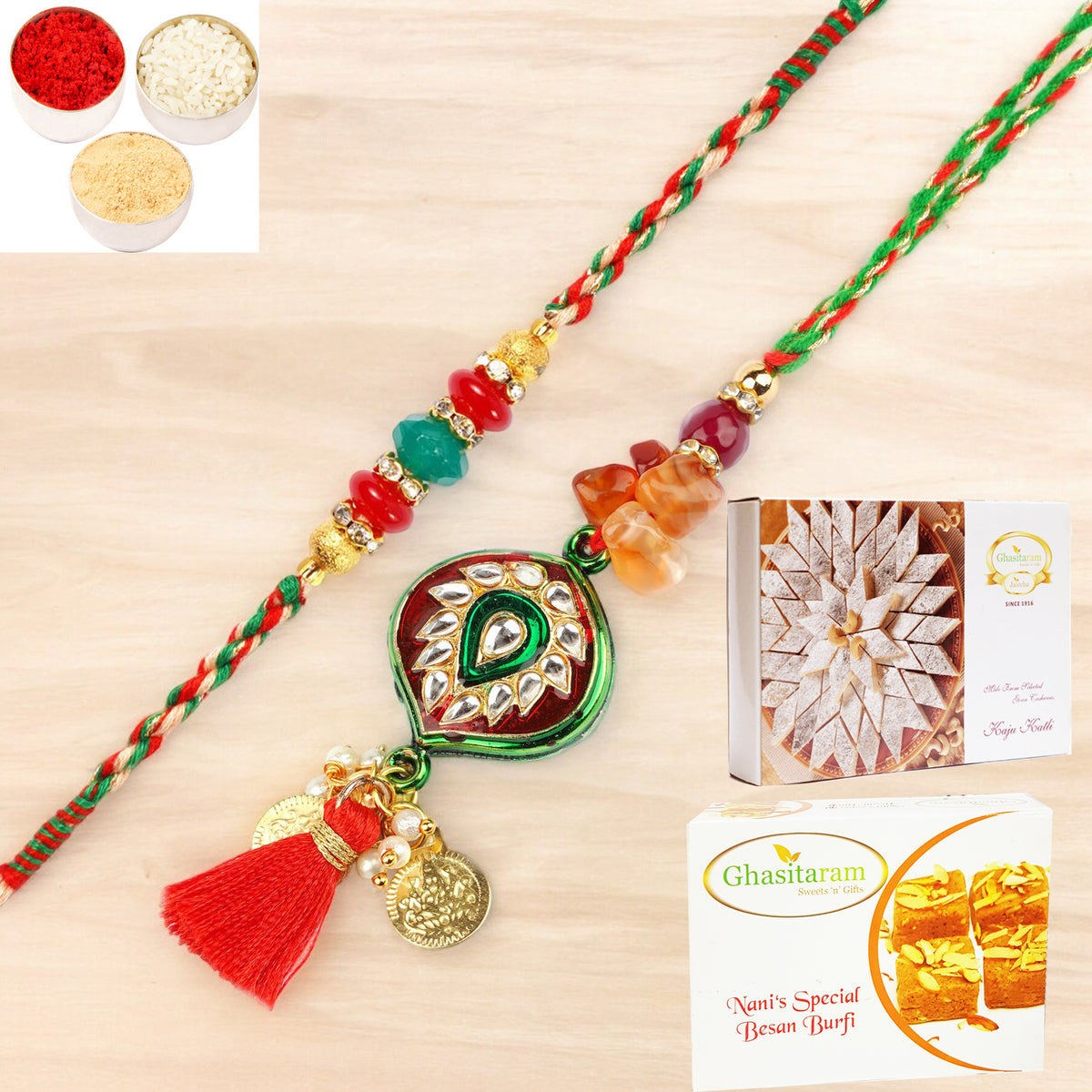 Rakhis Online- RM-217 Bhaiya Bhabhi rakhi with 200 gms of Besan Barfi and 200 gms of Kaju Katli