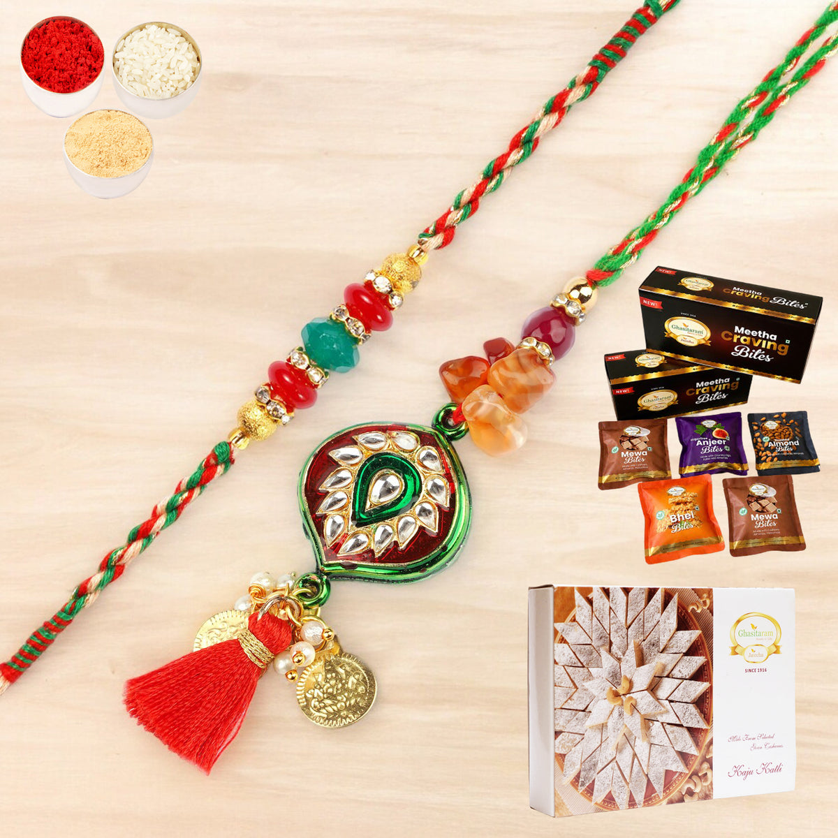  RM-217 Bhaiya Bhabhi rakhi with Asorted bites box and 200 gms of Kaju katli