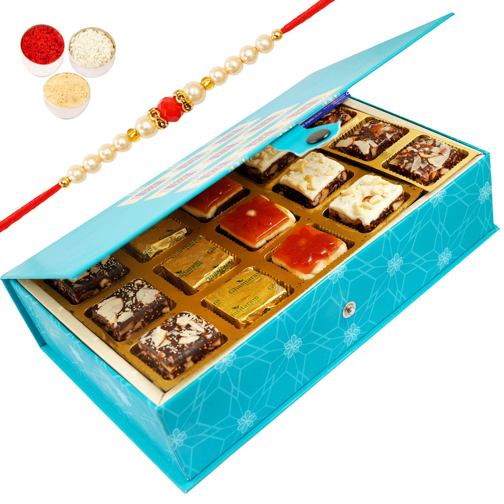 Blue Rectangular box of Assorted Bites 15 pcs with Pearl Beads Rakhi