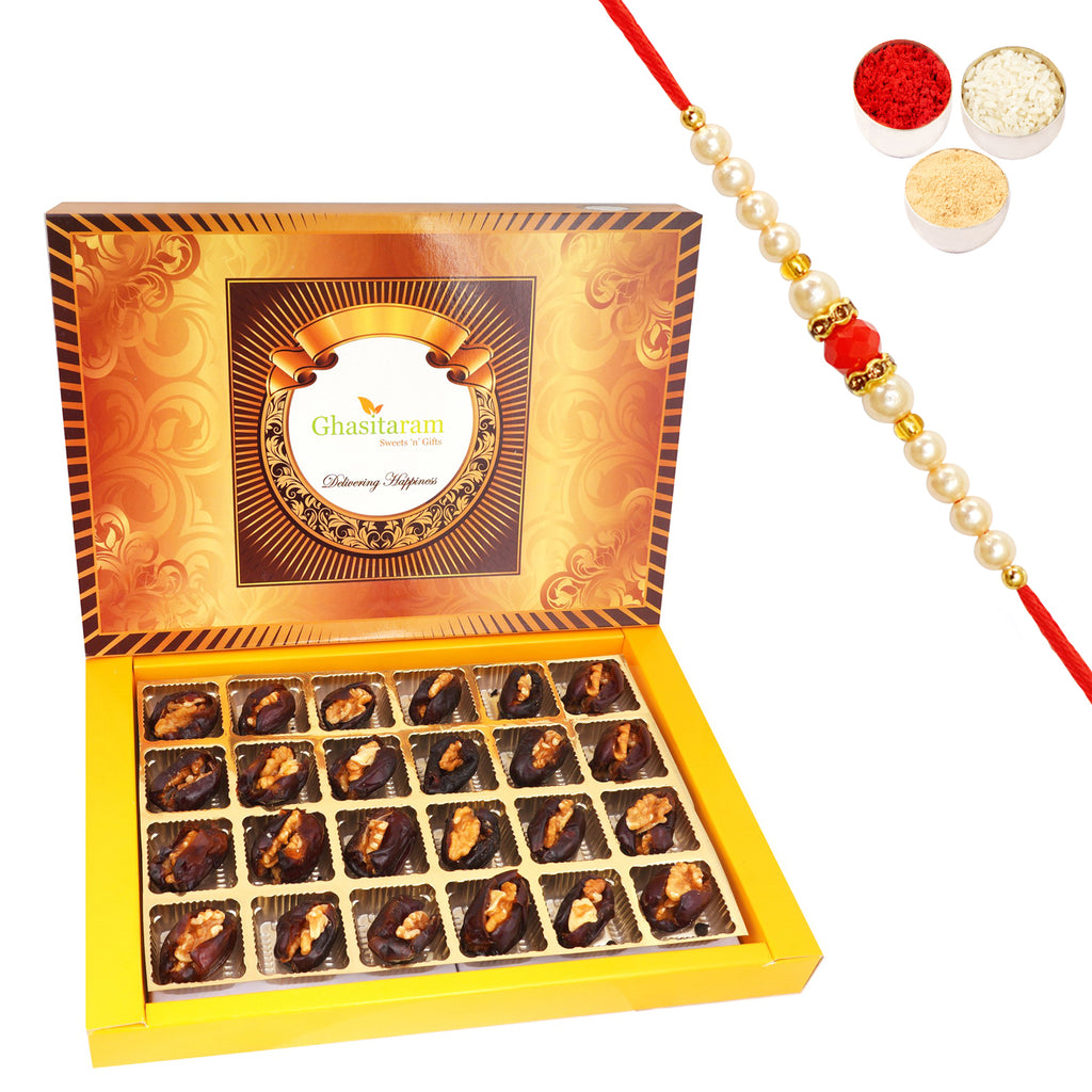 Premium Dates with Walnuts 12pcs with Pearl Beads Rakhi