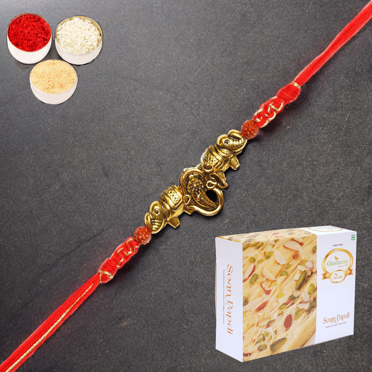 LD-84 Om Ganesha Rakhi with 400 gms of Soan Papdi