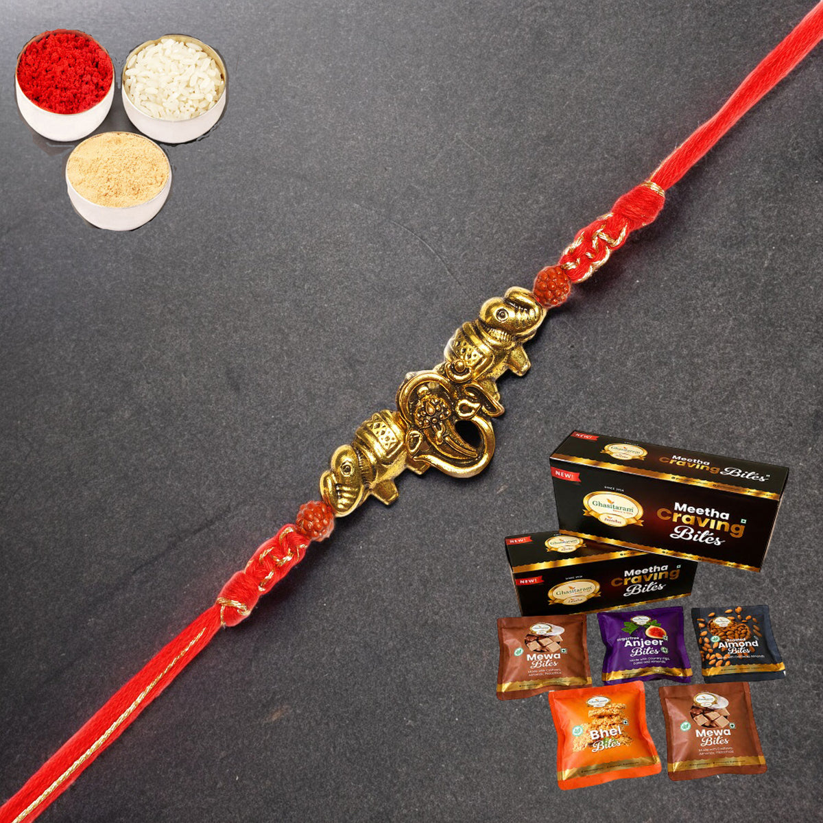 LD-84 Om Ganesha Rakhi with Asorted bites box