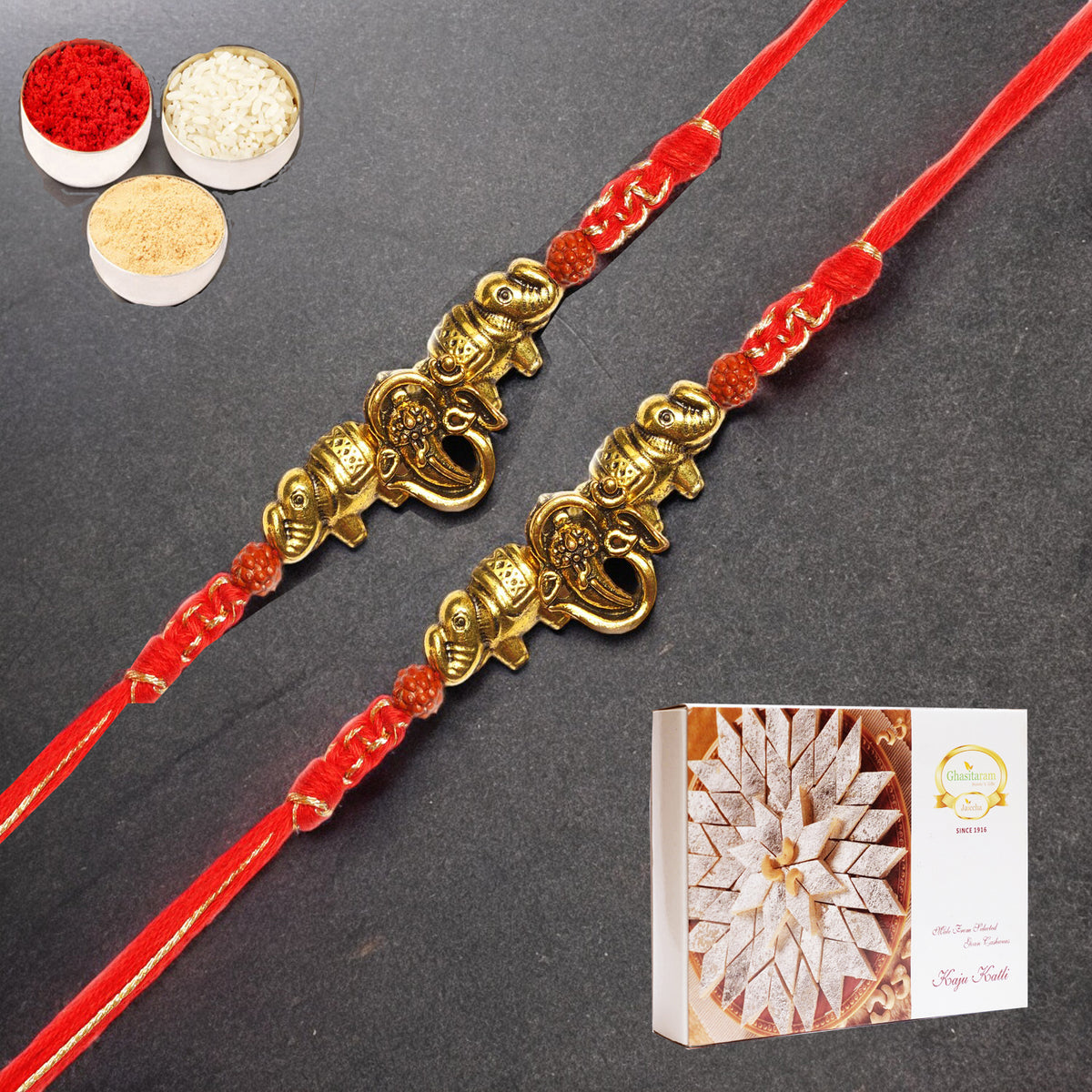 Set of 2 - LD-84 Om Ganesha Rakhi with 400 gms of Kaju katli
