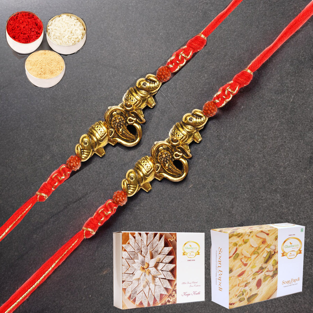 Set of 2 - LD-84 Om Ganesha Rakhi with 200 gms of Kaju katli and 200 gms of Soan Papdi