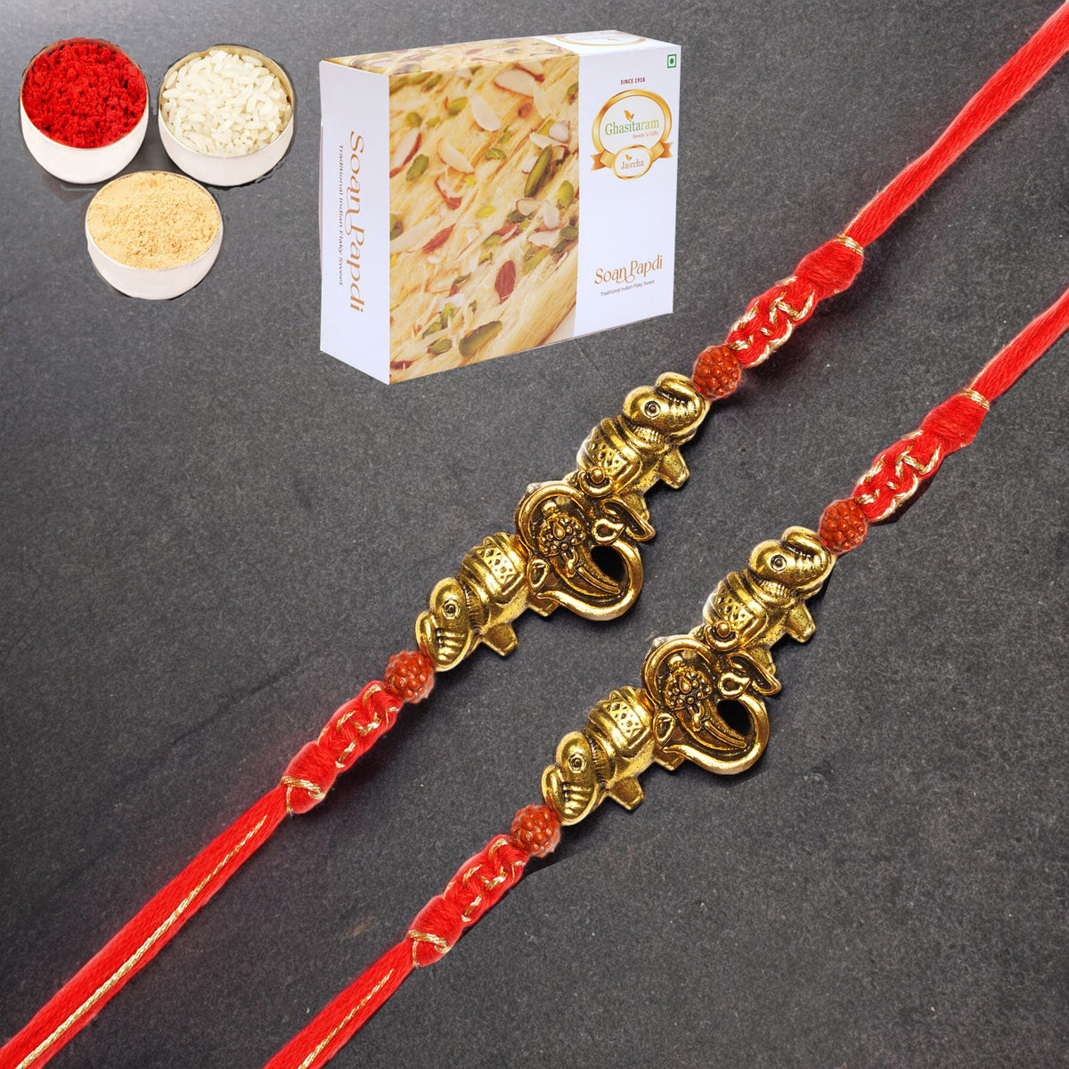Set of 2 - LD-84 Om Ganesha Rakhi with 400 gms of Soan Papdi