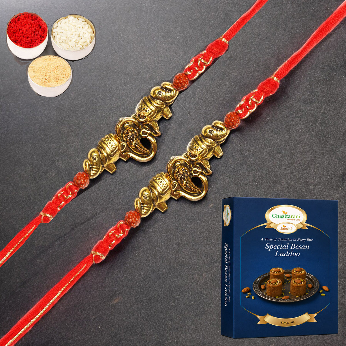 Set of 2 - LD-84 Om Ganesha Rakhi with 200 gms of Besan Laddoo