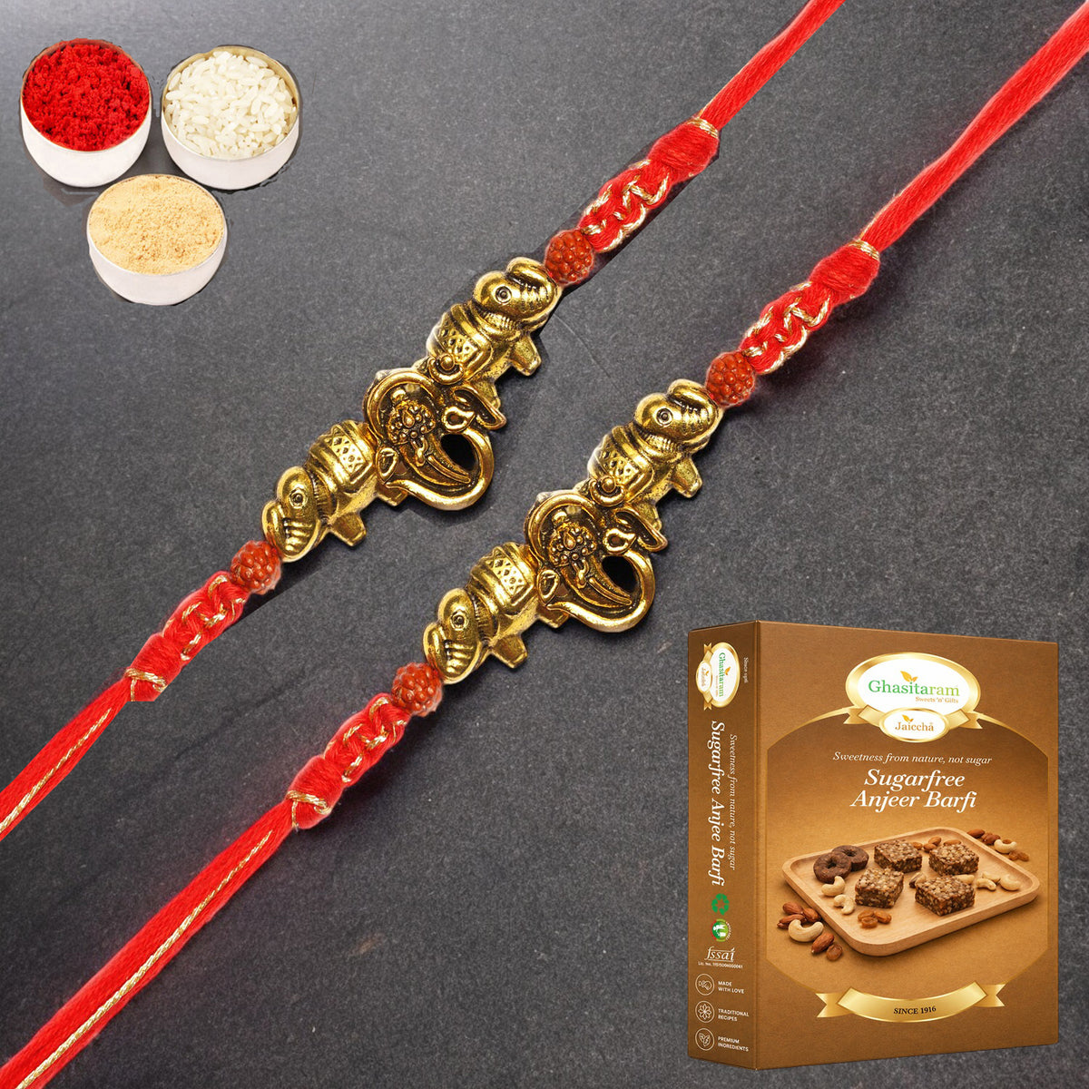 Set of 2 - LD-84 Om Ganesha Rakhi with 200 gms of Sugarfree Anjeer Barfi