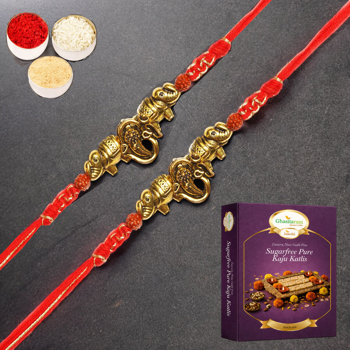 Set of 2 - LD-84 Om Ganesha Rakhi with 200 gms of Sugarfree Kaju katli