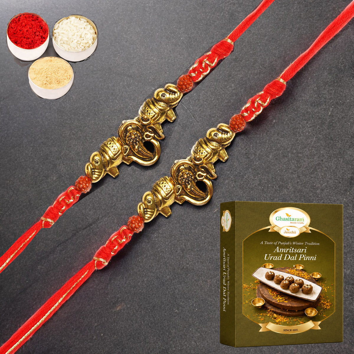 Set of 2 - LD-84 Om Ganesha Rakhi with 200 gms of Pinni 