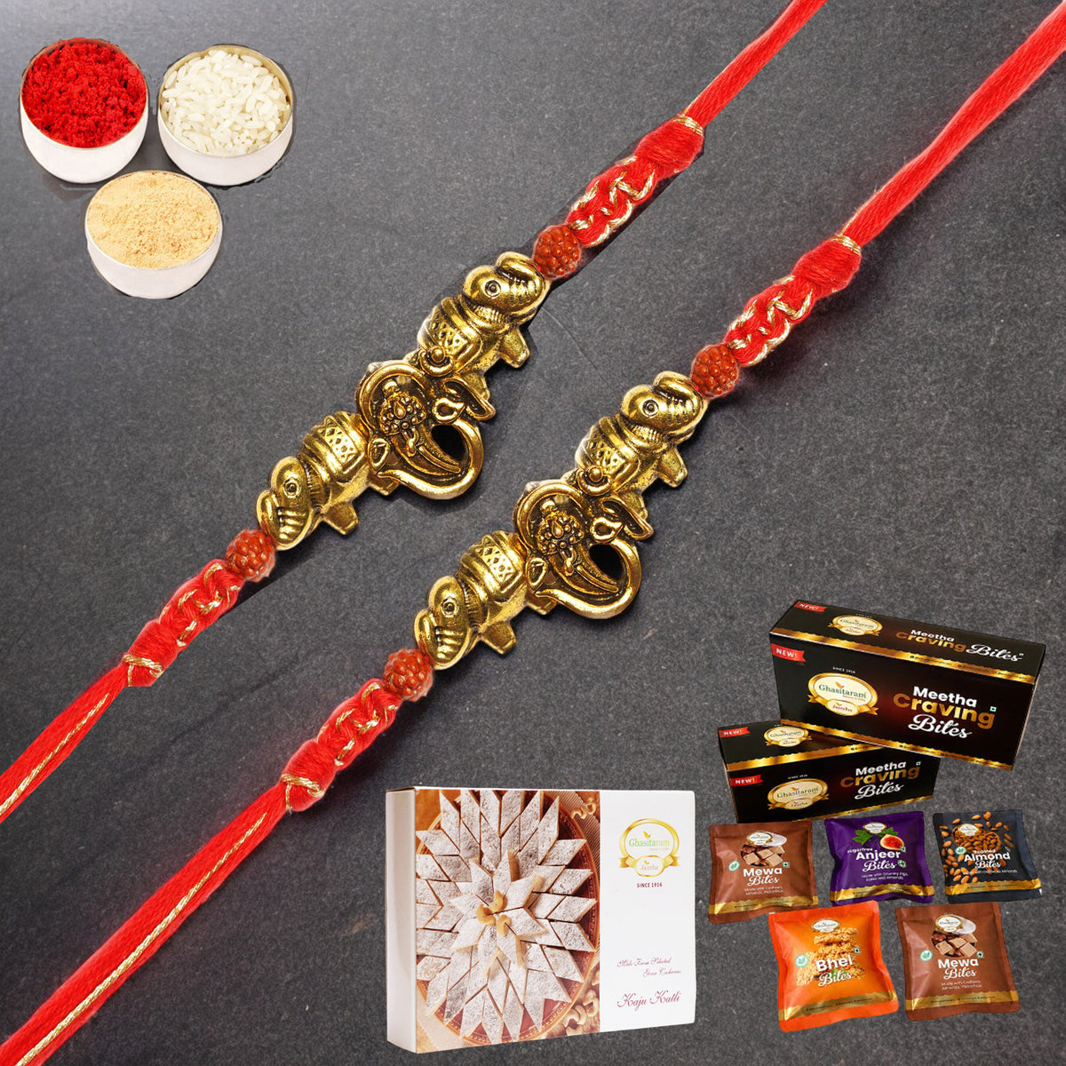 Set of 2 - LD-84 Om Ganesha Rakhi with Asorted bites box and 200 gms of Kaju katli