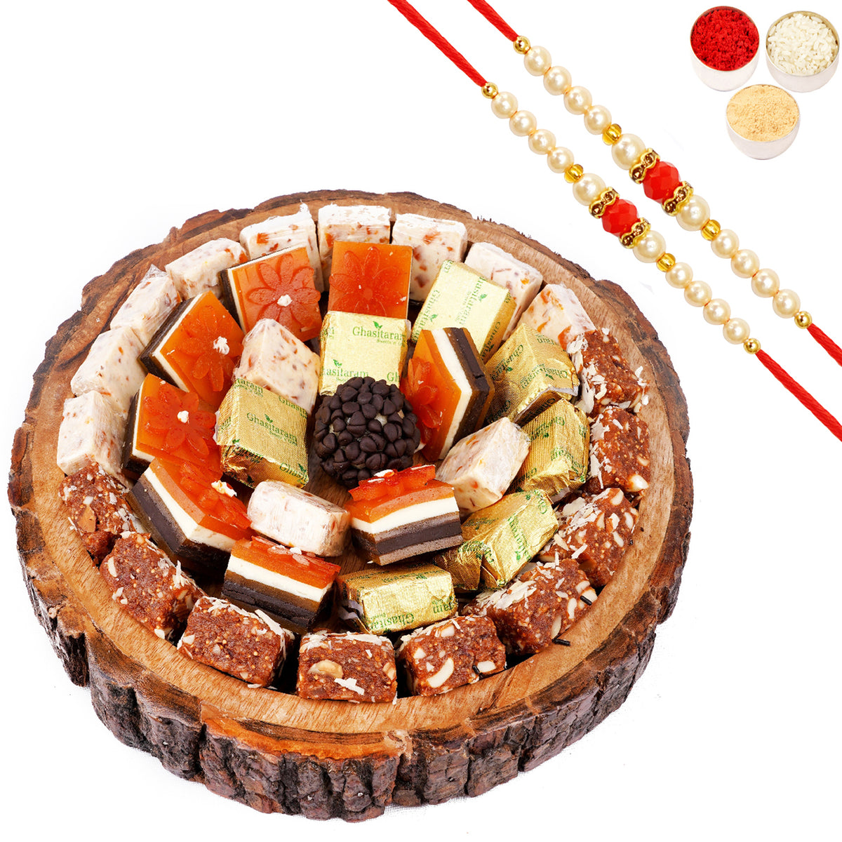 Rakhi Gifts-Log Platter of Assorted Bites with 2 Pearl Beads Rakhis