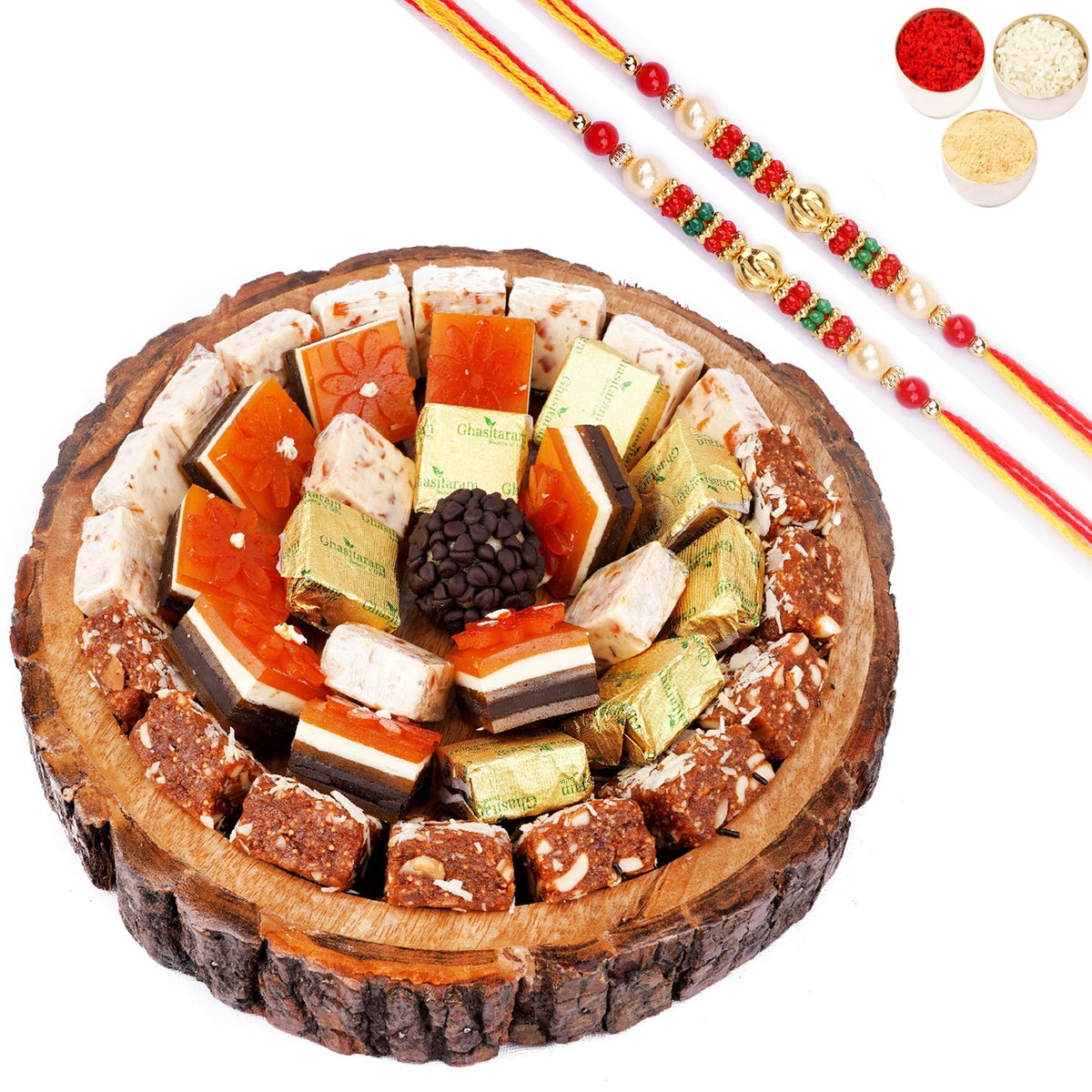 Rakhi Gifts-Log Platter of Dryfruit Sweets with Kaju Katli with 2 Pearl Beads Rakhis
