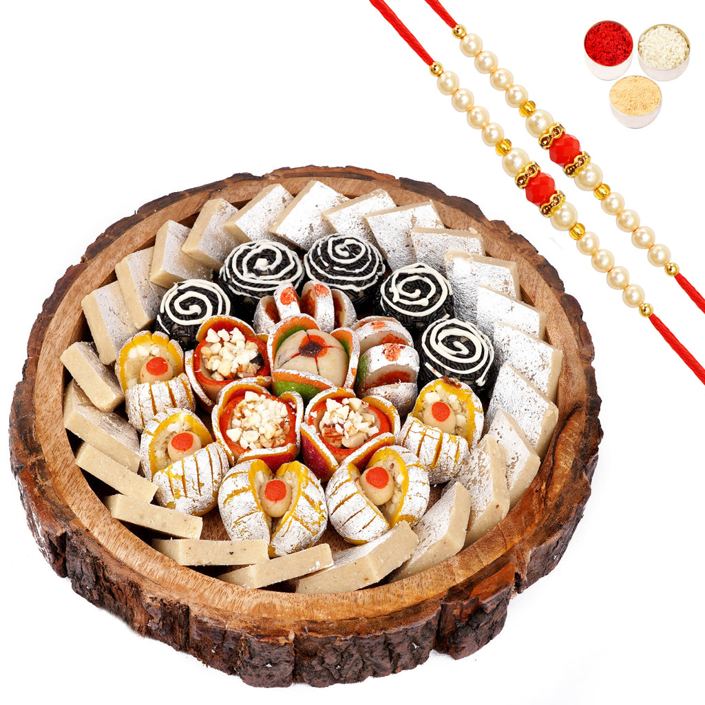 Rakhi Gifts-Log Platter of Dryfruit Sweets with Kaju Katli with 2 Pearl Beads Rakhis