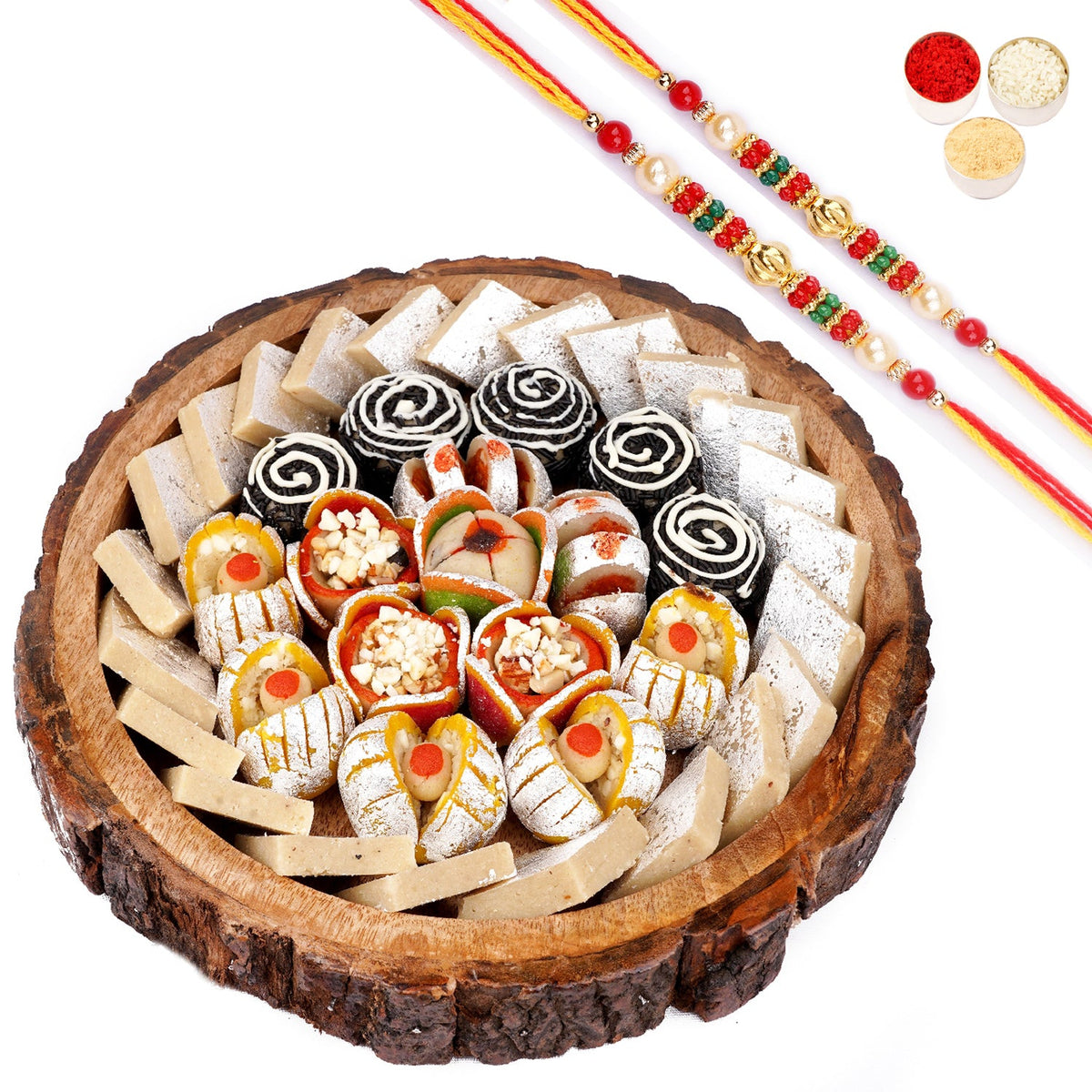 Rakhi Gifts-Log Platter of Dryfruit Sweets with Kaju Katli with 2 Pearl Beads Rakhis