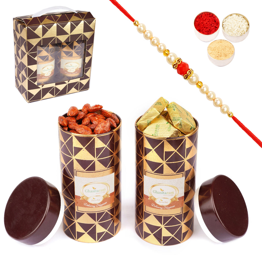 Rakhi Gifts-Box 2 Tin Jars of  Flavoured Almonds and Mewa Bites with Pearl Rakhi