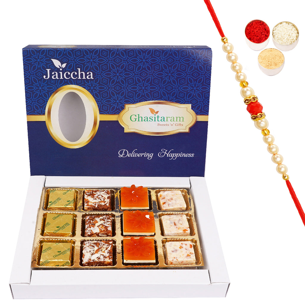 Rakhi Gifts-Assorted 4 Bites Box 12 pcs with Pearl Beads Rakhi