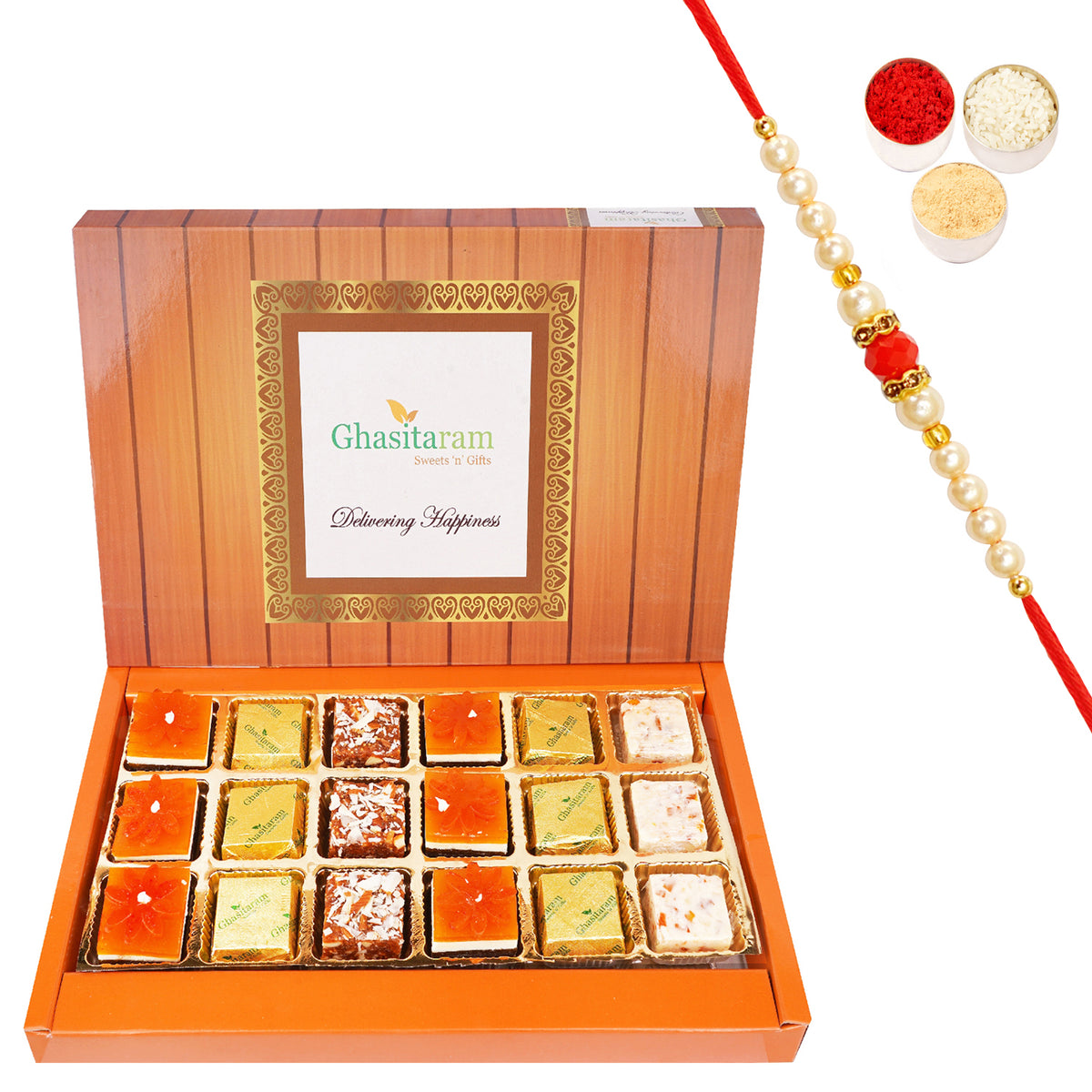Rakhi Gifts-Assorted 4 Bites Box 18 pcs with Pearl Beads Rakhi