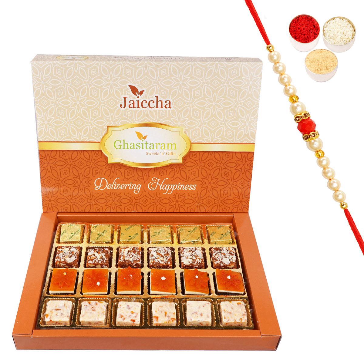 Rakhi Gifts-Assorted 4 Bites Box 24 pcs with Pearl Beads Rakhi