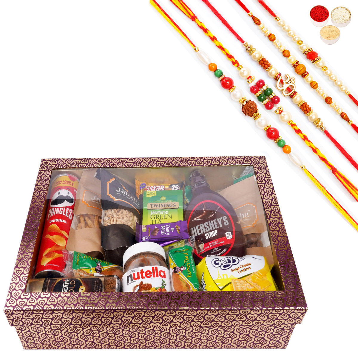 Rakhi Gifts-Big Hamper Box of 20 Goodies with Soan Papdi with 5 Rakhis
