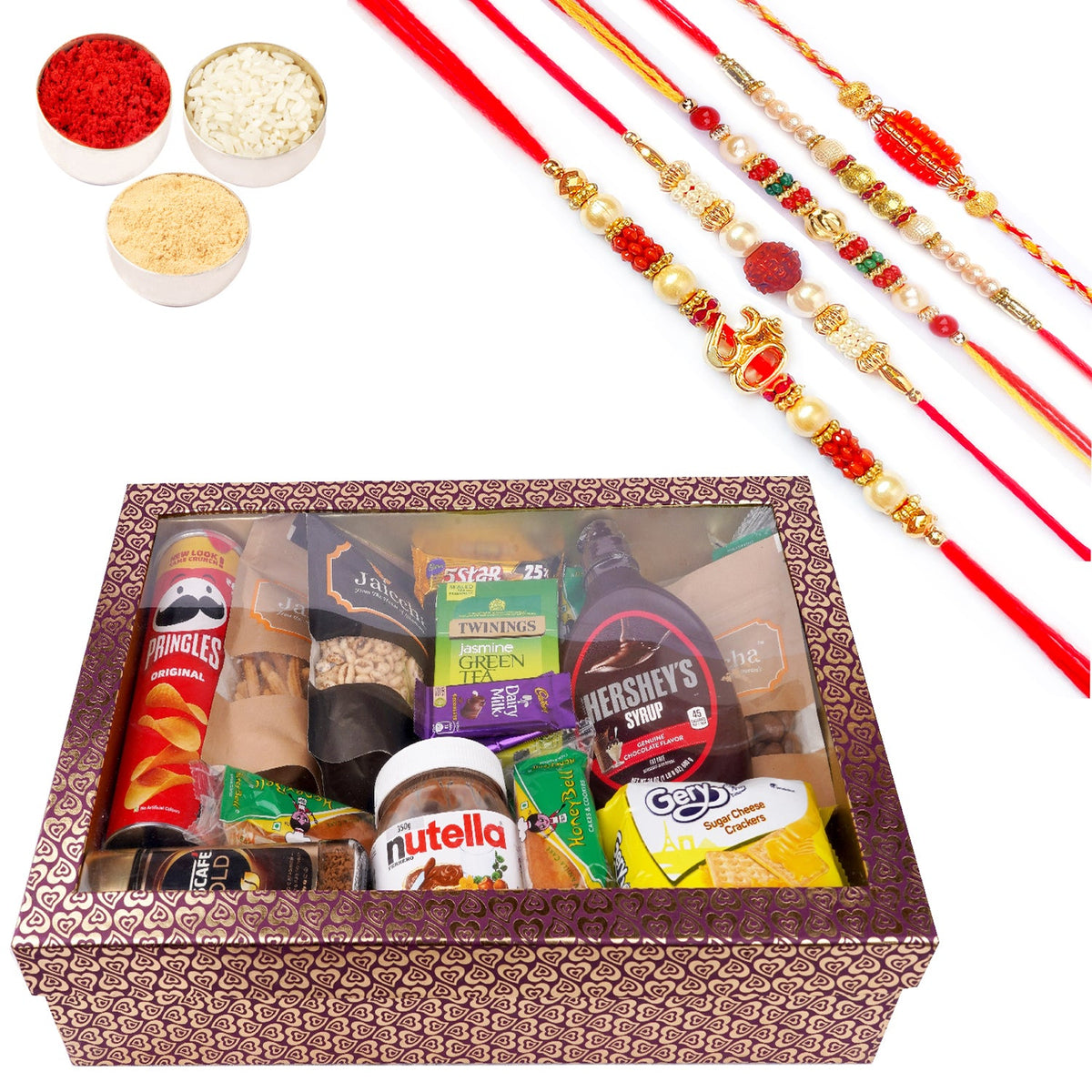 Rakhi Gifts-Big Hamper Box of 20 Goodies with Soan Papdi with 5 Rakhis