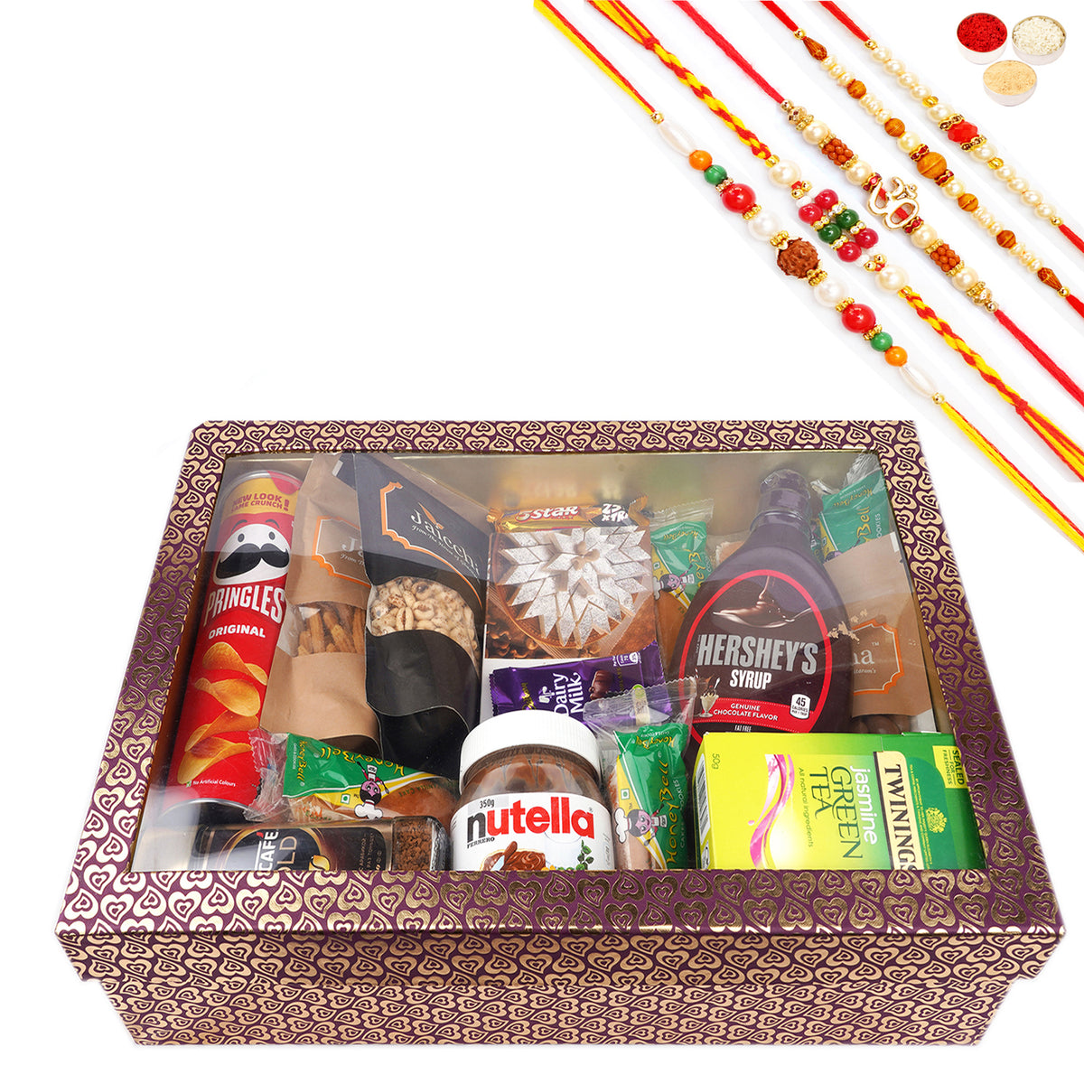 Rakhi Gifts-Big Hamper Box of 20 Goodies with Soan Papdi with 5 Rakhis