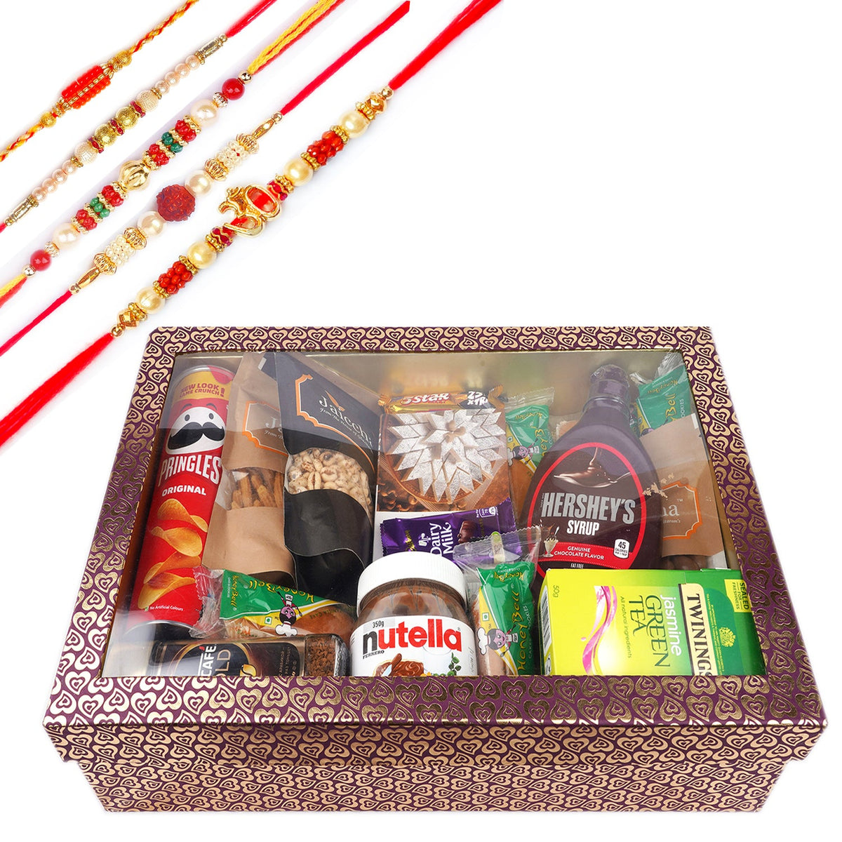 Rakhi Gifts-Big Hamper Box of 20 Goodies with Soan Papdi with 5 Rakhis