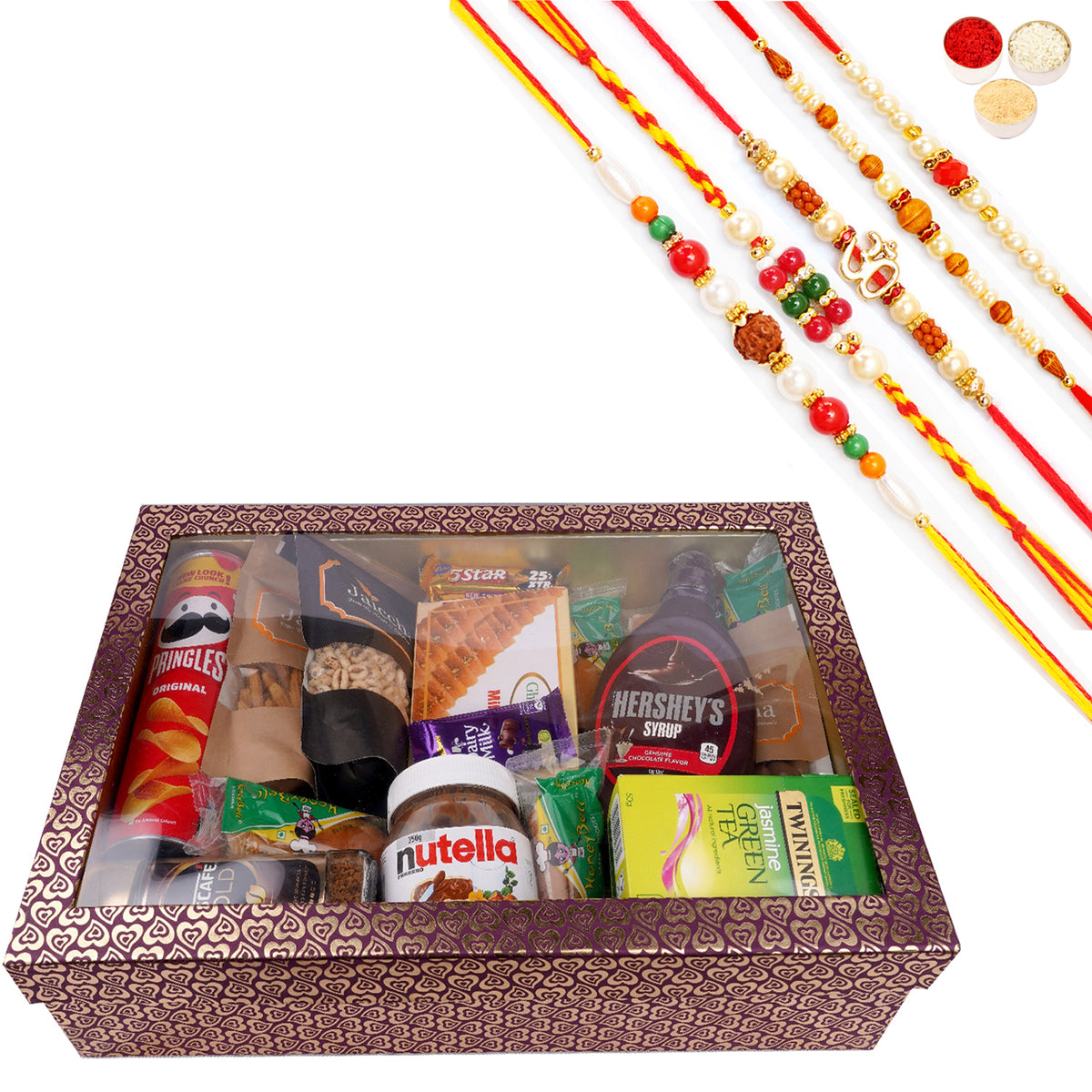Rakhi Gifts-Big Hamper Box of 20 Goodies with Soan Papdi with 5 Rakhis