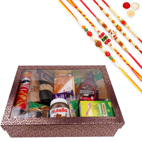 Rakhi Gifts-Big Hamper Box of 20 Goodies with Soan Papdi with 5 Rakhis