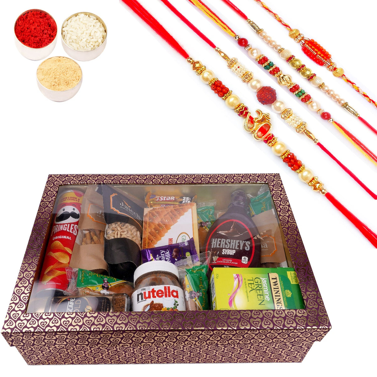 Rakhi Gifts-Big Hamper Box of 20 Goodies with Soan Papdi with 5 Rakhis