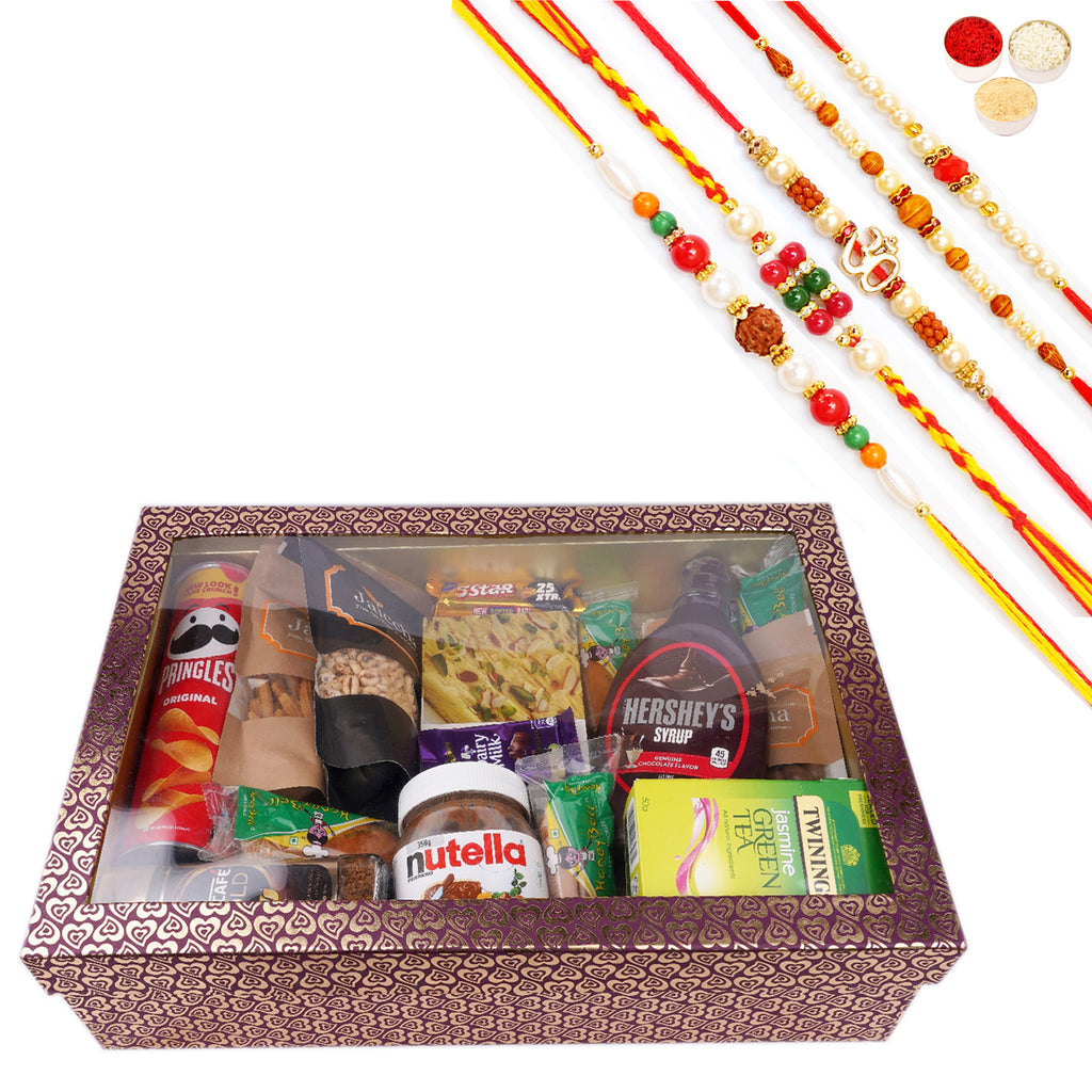 Rakhi Gifts-Big Hamper Box of 20 Goodies with Soan Papdi with 5 Rakhis