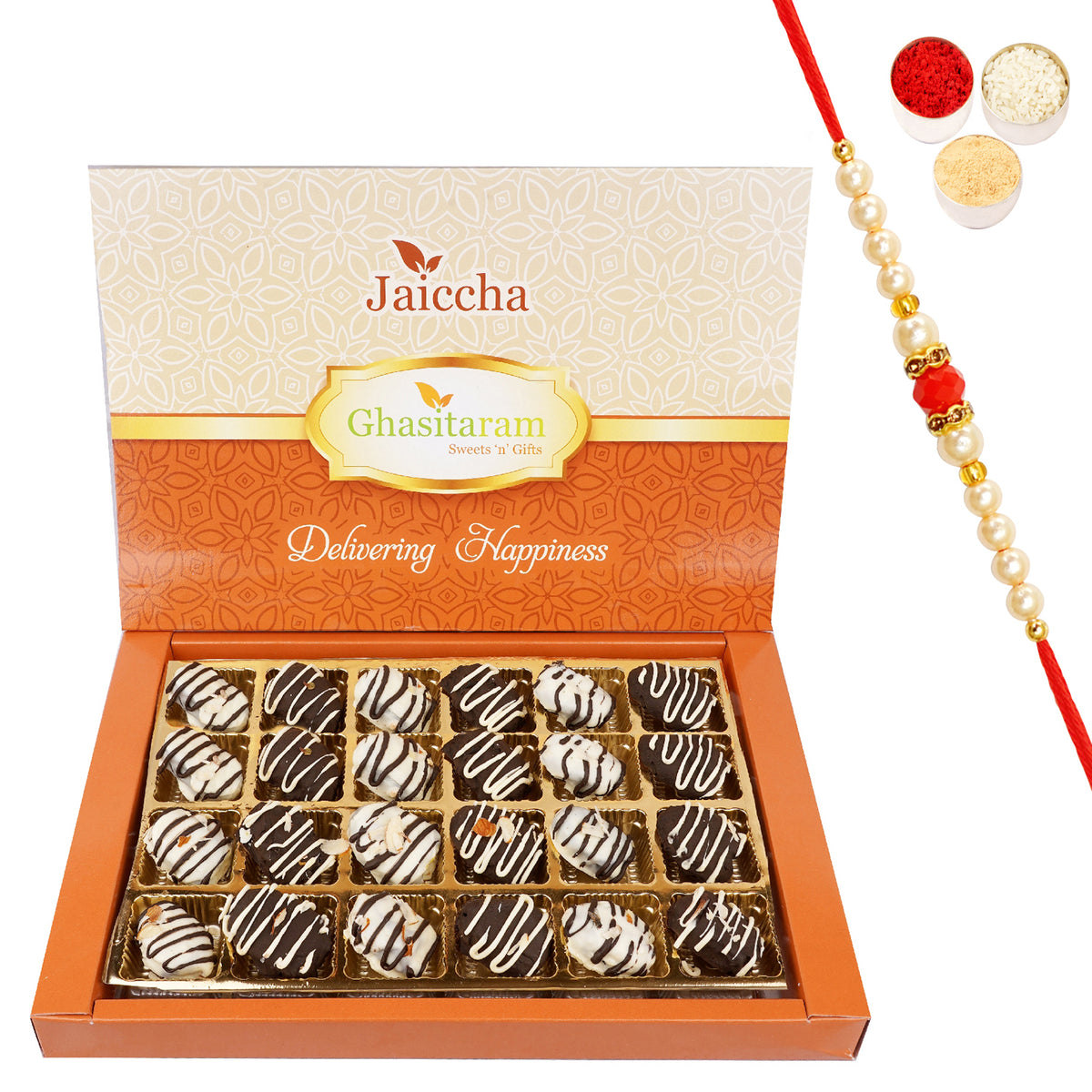 Chocolate Dates 24 pcs with Beads Rakhi
