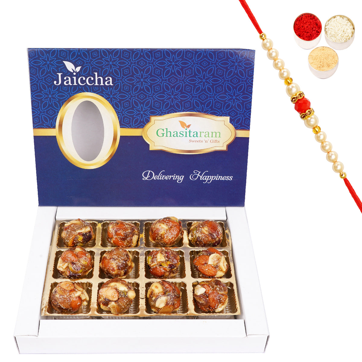 Dryfruit Laddoo with no added Sugar 12 pcs with Beads Rakhi