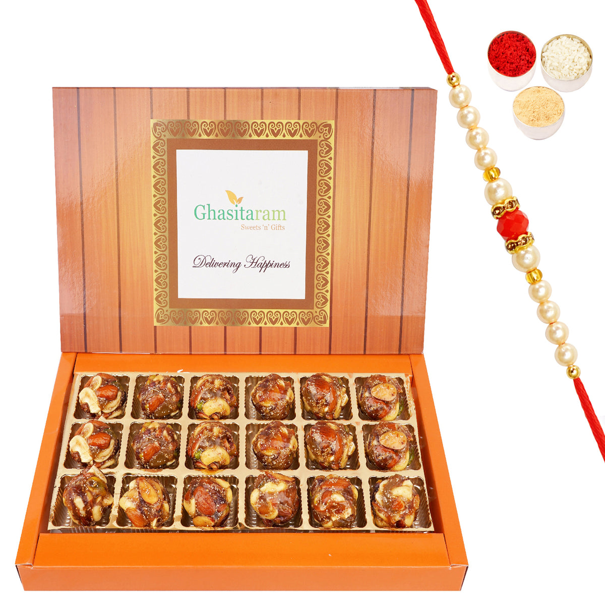 Dryfruit Laddoo with no added Sugar 18 pcs with Beads Rakhi