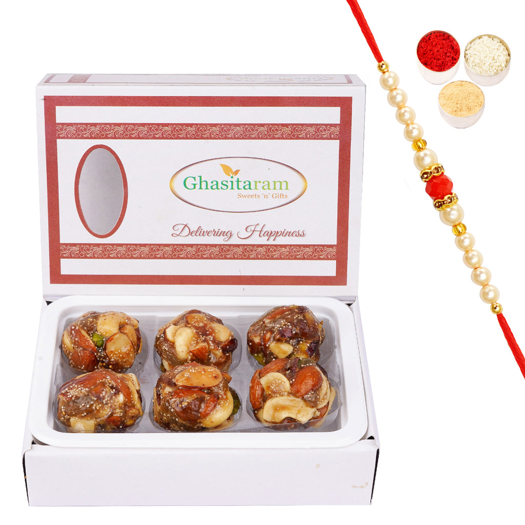 Dryfruit Laddoo with no added Sugar 6 pcs with Beads Rakhi